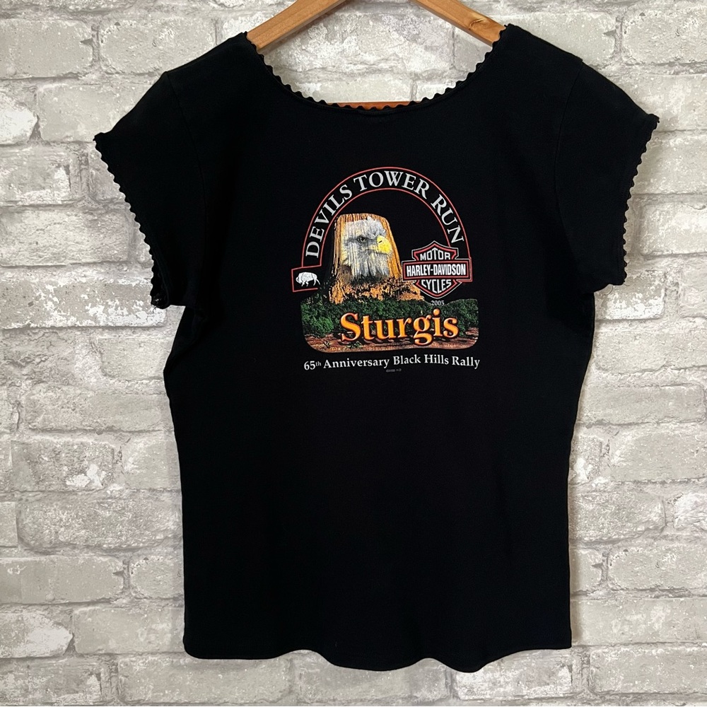 Y2K Harley Davidson Women XL Graphic Tshirt. Devils Tower Run Sturgis 65th Anniv